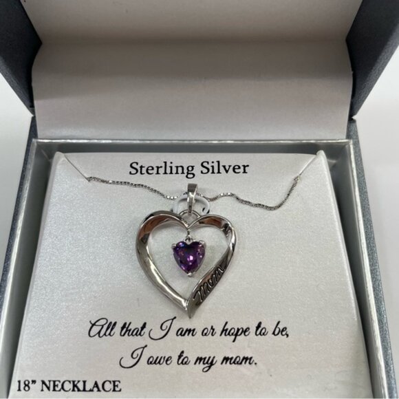 Timeless Amethyst Sterling Silver CZ Mom I Love You Heart Pendant - Picture 5 of 7